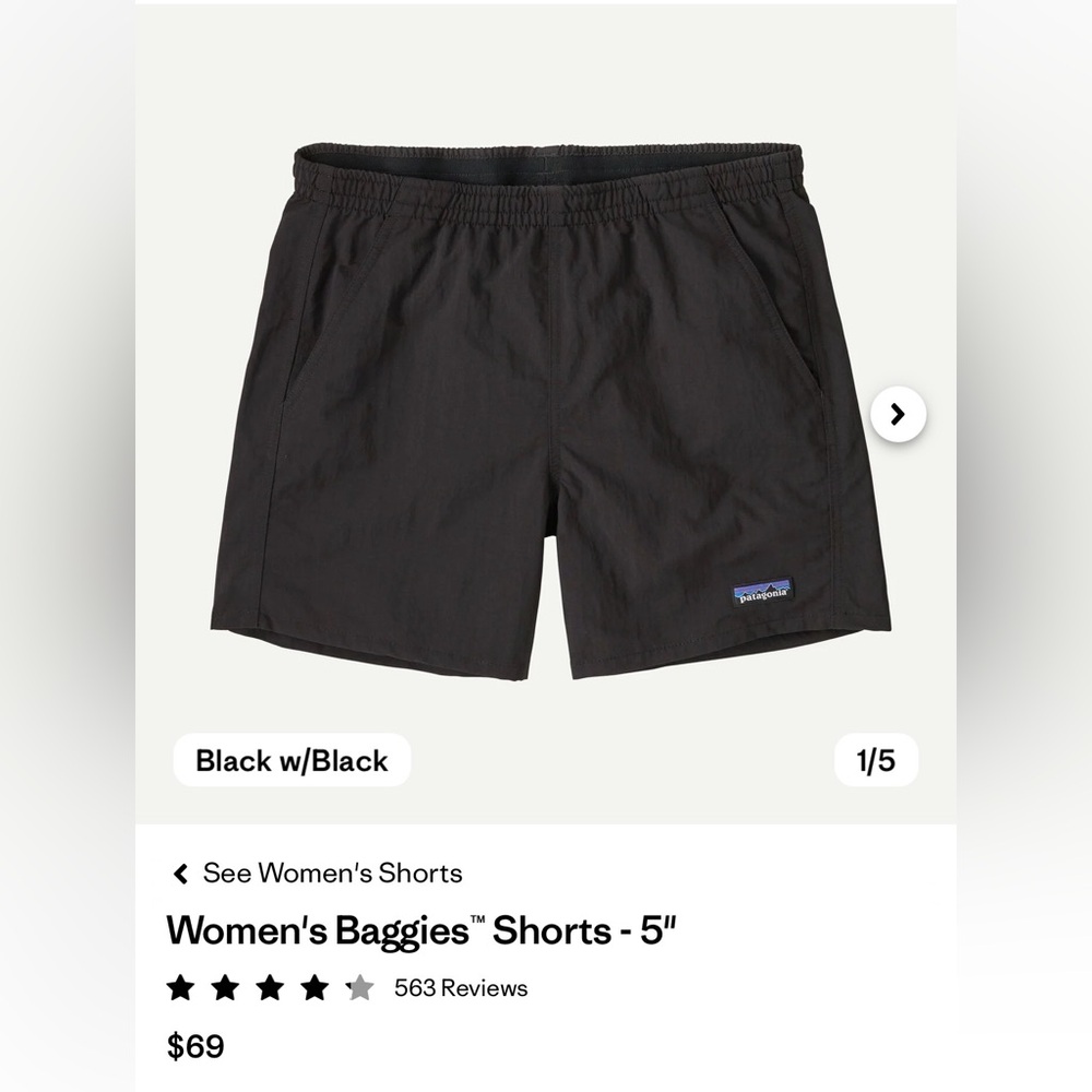 Patagonia Black Baggies woman’s Shorts 5” size L